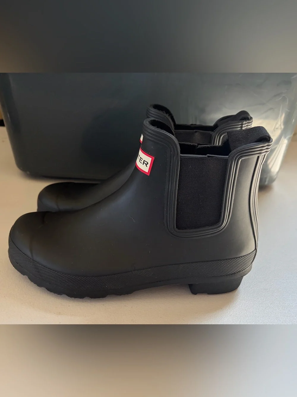 Hunter Black Short Chelsea Rain Boots with Red Logo